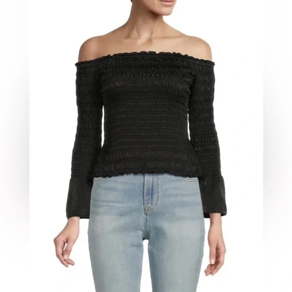 FRAME Smocked Off Shoulder Top in Black Size XS - Picture 4 of 16